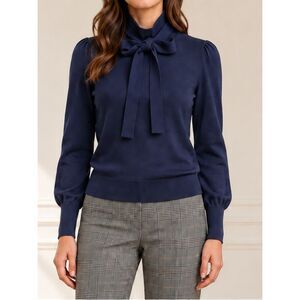 J. Crew Sweater XXS Navy Blue Merino Wool Tie Neck Bow Turtleneck Balloon Sleeve